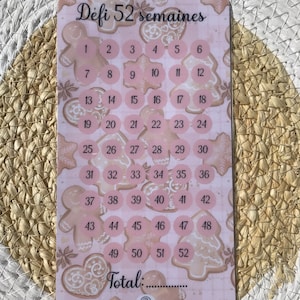 Peut inclure: Une carte rose et blanche sur le thème des biscuits en pain d'épices. La carte comporte une grille de 52 cercles, chacun numéroté de 1 à 52. Le texte "Défi 52 semaines" est en haut de la carte. Le texte "Total" est en bas de la carte.