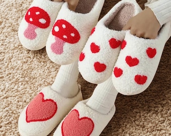 Strawberry Heart Slippers: Fluffy Faux Fur Cozy Home Shoes