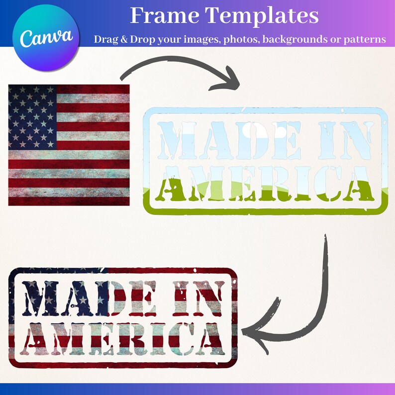 May include: Graphic design elements featuring the American flag and the text "MADE IN AMERICA." The design includes a distressed American flag, a transparent frame, and a rectangular stamp with the same text.