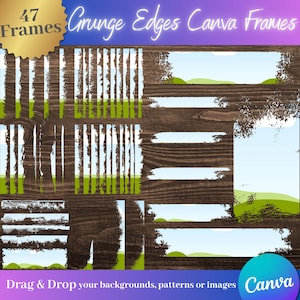 Puede incluir: Un conjunto de 47 marcos de Canva con bordes grunge. Los marcos presentan varios diseños, incluyendo efectos de papel rasgado, pinceladas y escenas de paisajes con cielos azules y colinas verdes. El texto "Grunge Edges Canva Frames" está presente.