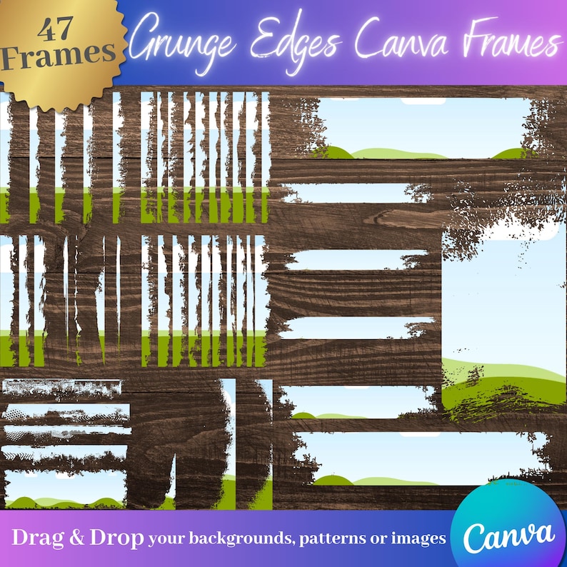 May include: A collection of 47 Canva frames with grunge edges. The frames feature various designs, including torn paper effects, brush strokes, and landscape scenes with blue skies and green hills. The text "Grunge Edges Canva Frames" is displayed in a stylized font.