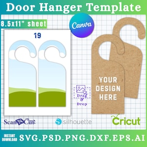 May include: Door hanger template with the text "Door Hanger Template" and "8.5x11" sheet". The design includes a Canva logo, a "Drag & Drop" graphic, and the text "YOUR DESIGN HERE". The file formats are SVG, PSD, PNG, DXF, EPS, and AI.