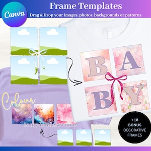 Op de afbeelding: Wit T-shirt met het woord "BABY" in roze en lavendelkleurige vierkanten, geaccentueerd met een roze glitterstrik. Het shirt heeft frame-sjablonen en de tekst "Frame Templates" en "Drag & Drop your images, photos, backgrounds or patterns".