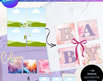 May include: White t-shirt with the word "BABY" in pink and lavender squares, accented with a pink glitter bow. The shirt features frame templates and the text "Frame Templates" and "Drag & Drop your images, photos, backgrounds or patterns".