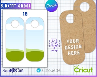 May include: Door hanger template with the text "Door Hanger Template" and "8.5x11" sheet". The design includes a template with a sky and grass scene, and two brown door hangers with the text "YOUR DESIGN HERE". The image also includes the text "Canva", "Cricut", "Scan Cut", "silhouette", and "SVG.PSD.PNG.DXF.EPS.AI".