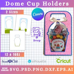 May include: Pink glitter dome cup holder with a clear plastic cup filled with colorful candies and a "Happy Birthday" sticker. The holder has a handle and a cream-colored bow. Text on the image reads "Dome Cup Holders" and "12 & 16oz".