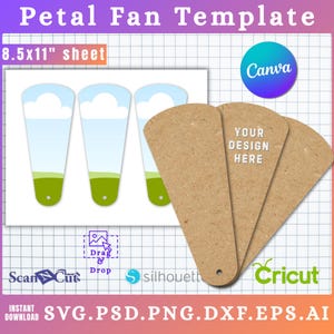 Può includere: Un modello per ventagli a petalo con un design a cielo blu ed erba verde. L'immagine include un foglio con l'etichetta "8.5x11" sheet" (circa 21,6 x 28 cm) e tre modelli di ventaglio. Il testo "YOUR DESIGN HERE" è visibile su un ventaglio. Sono presenti anche i loghi Canva e Cricut.