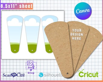 May include: A template for petal fans with a blue sky and green grass design. The image includes a sheet labeled "8.5x11" sheet" and three fan templates. The text "YOUR DESIGN HERE" is visible on one fan. The image also includes the Canva and Cricut logos.