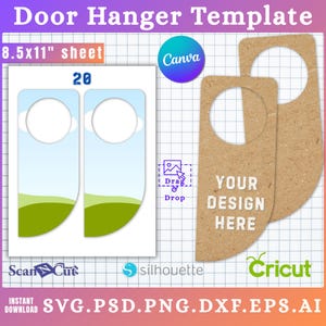 Puede incluir: Plantilla de colgador de puerta con el texto "Door Hanger Template" y "8.5x11" sheet". El diseño incluye un colgador de puerta con un fondo de cielo y hierba, y un colgador de puerta de papel kraft con el texto "YOUR DESIGN HERE". Incluye formatos de archivo SVG, PSD, PNG, DXF, EPS y AI.