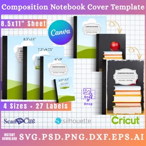May include: A composition notebook cover template with various sizes, including 8.5x11 inches, 7.5x9.75 inches, 6x9 inches, and 3.25x4.5 inches. The design features a blue sky and green landscape, with the text "Composition Book" on the cover. The image also includes the Canva logo and the text "4 Sizes + 27 Labels".