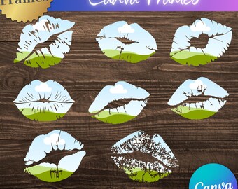 May include: 15 Canva Frames featuring a white outline of lips with a blue sky, white clouds, and green grass inside. The frames are on a wood background. The text "Canva Frames" is at the top of the image. The text "Drag & Drop your backgrounds, patterns or images" is at the bottom of the image. The Canva logo is in the bottom right corner.