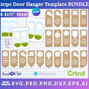 Może przedstawiać: Zestaw 20 szablonów wieszaków na drzwi w różnych kształtach, z tekstem "YOUR DESIGN HERE" na każdym. Zawiera szablony dla Canva, Silhouette i Cricut. Rozmiar arkusza to 21,59 x 27,94 cm.