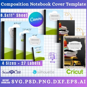 Pode incluir: Modelo de capa de caderno de composição com vários tamanhos, incluindo 21,6 x 27,9 cm. O design apresenta uma cena de paisagem e o texto "Composition Book". Inclui 4 tamanhos e 27 etiquetas. Compatível com Canva, ScanNCut, Silhouette e Cricut.