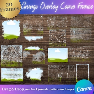 Puede incluir: Una colección de 20 marcos Canva con superposición grunge. Los marcos se muestran sobre un fondo de madera oscura. Cada marco tiene un diseño único, que incluye texturas desgastadas y elementos de paisaje. El texto "Grunge Overlay Canva Frames" se muestra en la parte superior.