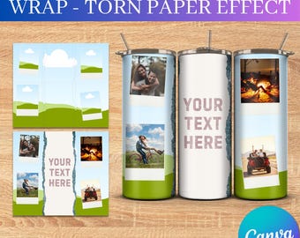 Make Your Own Tumbler Wrap Template | 20oz Skinny Straight and Tapered Tumbler Full Wrap | Canva Editable | Torn Paper Effect with Polaroids