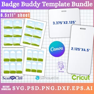 May include: A bundle of badge buddy templates with a grid background. The image includes several white badge templates with dimensions of 3.375" x 2.125" and 2.125" x 4.5". There are also sheets of badge buddy designs with sky and cloud graphics. The image includes the text "Badge Buddy Template Bundle".