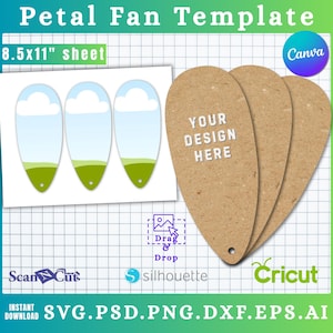 May include: A template for petal fans with the text "Petal Fan Template" and "8.5x11" sheet". The design includes three petal fan illustrations with sky and grass, and three brown petal fan shapes with the text "YOUR DESIGN HERE".