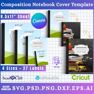 May include: A composition notebook cover template with various sizes, including 8.5x11 inches, 7.5x9.75 inches, 6x9 inches, and 3.25x4.5 inches. The design features a Canva logo, a composition book label, and the text "4 Sizes + 27 Labels".