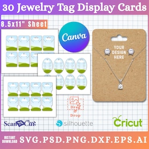 Puede incluir: Una exhibición de tarjetas de exhibición de etiquetas de joyería con el texto "30 Jewelry Tag Display Cards" y "8.5x11" sheet". La imagen incluye un logotipo de Canva, un logotipo de Cricut y el texto "YOUR DESIGN HERE". La imagen también incluye el texto "SVG.PSD.PNG.DXF.EPS.AI".