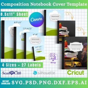 May include: A composition notebook cover template with various sizes, including 8.5x11 inches, 7.5x9.75 inches, 6x9 inches, and 3.25x4.5 inches. The design features a landscape scene and the Canva logo. The image also includes the text "4 Sizes + 27 Labels".