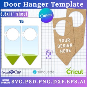 Puede incluir: Una plantilla de colgador de puerta con el texto "Door Hanger Template" en la parte superior. El diseño incluye dos colgadores de puerta con un diseño de cielo y hierba, y dos colgadores de puerta marrones con el texto "YOUR DESIGN HERE". La imagen también incluye el texto "8.5x11" sheet".