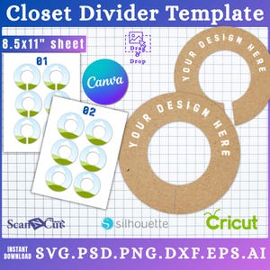 May include: A template for closet dividers, featuring two sheets of printed designs and two circular cutouts with the text "YOUR DESIGN HERE." The sheets are labeled "01" and "02" with circular designs. The image includes the text "Closet Divider Template" and "8.5x11" sheet."