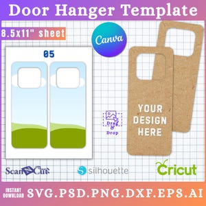 May include: Door hanger template with the text "Door Hanger Template" at the top. The image includes a door hanger design with a blue sky and green grass, and a brown door hanger with the text "YOUR DESIGN HERE". The image also includes the text "8.5x11" sheet".