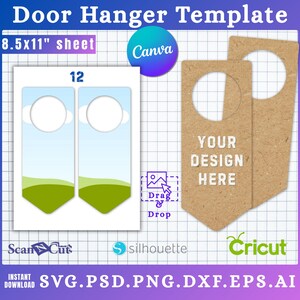 May include: Door hanger template with text "Door Hanger Template" and "8.5x11" sheet". The design includes a blue sky and green grass scene, and a brown door hanger with the text "YOUR DESIGN HERE". Includes SVG, PSD, PNG, DXF, EPS, and AI file formats.