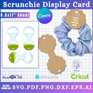 May include: A light blue scrunchie with a display card. The card has a scalloped edge and the text "PLACE YOUR DESIGN HERE". The image also includes a sheet with cut-out designs and the text "8.5x11" Sheet".
