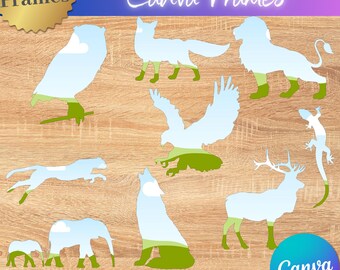 May include: A collection of animal-shaped Canva frames, including an owl, fox, lion, eagle, cheetah, wolf, deer, elephant, and lizard. The frames are light blue with green and white accents, set against a wood-grain background. The text "Canva Frames" and "Drag & Drop your backgrounds, patterns or images" are also visible.