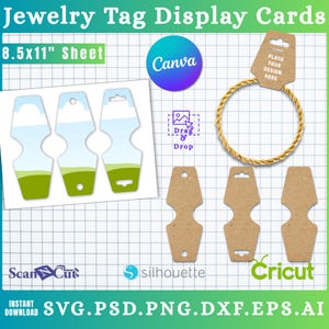 May include: A display of jewelry tag display cards with the text "Jewelry Tag Display Cards" and "8.5x11" Sheet". The cards are in various designs, including a blue and green landscape and plain brown tags. The image also includes the Canva, Cricut, and Silhouette logos.