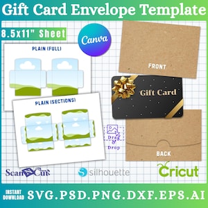 Puede incluir: Plantilla digital de sobre para tarjeta de regalo con el texto "Gift Card Envelope Template" y "8.5x11" Sheet". El diseño incluye una tarjeta de regalo, maquetas de sobres y los logotipos de Canva, Cricut y Silhouette. Los formatos de archivo son SVG, PSD, PNG, DXF, EPS y AI.