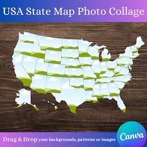 Peut inclure: Un collage photo de la carte des États-Unis sur un fond en bois. Chaque État est un cadre photo, rempli d'un paysage de collines vertes et de ciels bleus. Le texte "USA State Map Photo Collage" est en haut. Le logo Canva est en bas à droite.