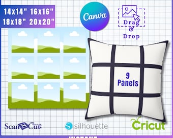 Plantilla de sublimación de almohada Canva DIY, funda de almohada con collage de fotos de 9 paneles, 100 % editable, 14 x 14, 16 x 16, 18 x 18 y 20 x 20 pulgadas SVG
