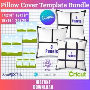 Puede incluir: Un paquete de plantillas de fundas de almohada en varios tamaños, incluyendo 35x35, 40x40, 45x45 y 50x50 cm. La imagen presenta almohadas blancas con diseños de paneles negros, etiquetadas con el número de paneles. Incluye logotipos de Canva, Cricut y Silhouette.