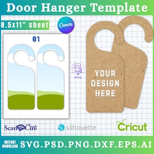 Peut inclure: Modèle de porte-manteau avec le texte "Door Hanger Template" en haut. La conception comprend deux modèles de porte-manteaux avec un design bleu et vert, et deux porte-manteaux bruns avec le texte "YOUR DESIGN HERE". L'image comprend également le texte "8.5x11" sheet".