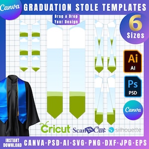 May include: A graphic featuring graduation stole templates with the text "GRADUATION STOLE TEMPLATES" and "Drag & Drop Your Design". The image includes a black graduation gown with a blue stole, and icons for AI, PSD, and Canva. The image also includes the text "6 Sizes".