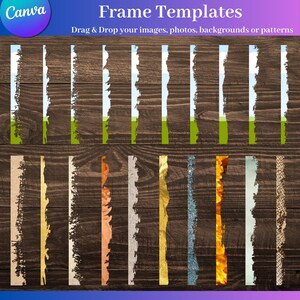 May include: A collection of frame templates with various designs, including nature scenes and textured borders. The image features the text "Frame Templates" and "Drag & Drop your images, photos, backgrounds or patterns" on a wooden background.
