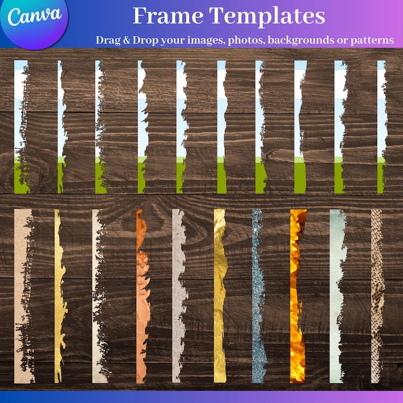 May include: A collection of frame templates with various designs, including nature scenes and textured borders. The image features the text "Frame Templates" and "Drag & Drop your images, photos, backgrounds or patterns" on a wooden background.