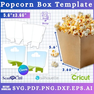 Può includere: Un modello di scatola per popcorn marrone, di dimensioni 14,2 cm x 9,3 cm. L'immagine include una scatola piena di popcorn, modelli di design e loghi per Canva, Cricut e Silhouette. Il testo "Popcorn Box Template" è in alto e "Instant Download" con tipi di file in basso.