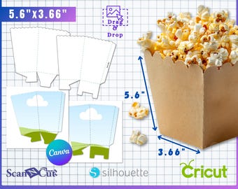 May include: A brown popcorn box template with dimensions of 5.6" x 3.66". The image includes a filled box with popcorn, along with design templates and logos for Canva, Cricut, and Silhouette. The text "Popcorn Box Template" is at the top, and "Instant Download" with file types are at the bottom.