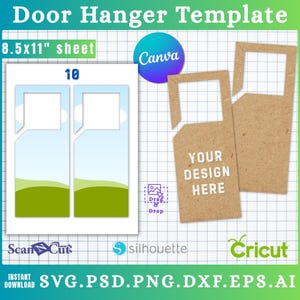 May include: Door hanger template with a blue, green, and white design. The template includes a door hanger design with the text "YOUR DESIGN HERE". The image also includes the text "8.5x11" sheet".
