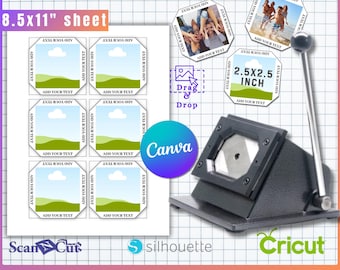 May include: A template for 6.35cm x 6.35cm fridge magnets on an A4 sheet. The design includes spaces for photos and text, with a cutting tool and the Canva logo. The template is compatible with ScanNCut, Silhouette, and Cricut machines.