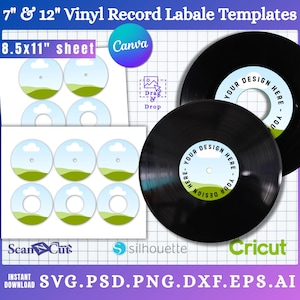 7&quot; & 12&quot; Vinyl Record Label Template Bundle | Vinyl Record Label Stickers | Custom Vinyl Record Templates | SVG PSD AI png jpg pdf Canva