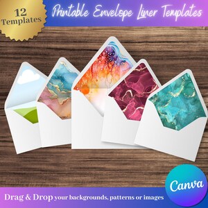 May include: Five white envelopes with colorful patterned liners. The liners feature abstract designs in shades of blue, orange, pink, and green. Text at the top reads "Printable Envelope Liner Templates" and "12 Templates". The Canva logo is visible.