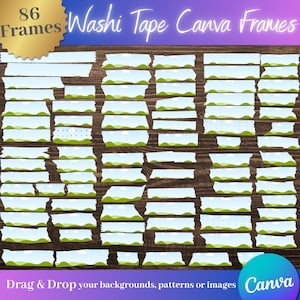 Puede incluir: Imagen que muestra 86 marcos de cinta washi Canva. Cada marco tiene un diseño de cielo azul claro y paisaje verde. El texto "Washi Tape Canva Frames" está en la parte superior, con "Drag & Drop your backgrounds, patterns or images Canva" en la parte inferior.