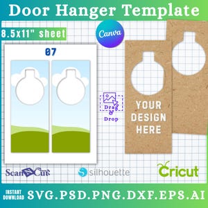 May include: Door hanger template with text "Door Hanger Template" and "8.5x11" sheet". The design includes a template with a sky and grass background, and a brown paper template with the text "YOUR DESIGN HERE".