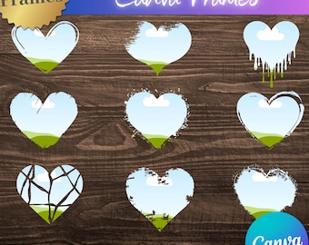 May include: Twenty heart-shaped frames with a grunge aesthetic. The frames are on a wood background and feature a blue sky with clouds and green grass. The text "Canva Frames" is at the top of the image. The text "Drag & Drop your backgrounds, patterns or images" is at the bottom of the image. The Canva logo is in the bottom right corner.