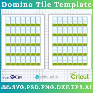Puede incluir: Dos plantillas rectangulares blancas con una cuadr&iacute;cula de dise&ntilde;os de fichas de domin&oacute;. Cada ficha presenta un cielo azul, nubes blancas y hierba verde. El texto "Domino Tile Template" est&aacute; en la parte superior. La parte inferior incluye "Instant Download" y opciones de tipo de archivo.