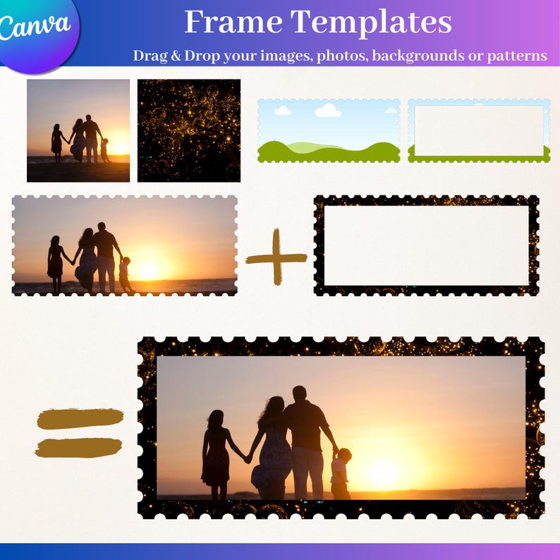 May include: A graphic promoting frame templates. The image shows a family silhouette at sunset, framed within a decorative border. Text reads "Frame Templates" and "Drag & Drop your images, photos, backgrounds or patterns."